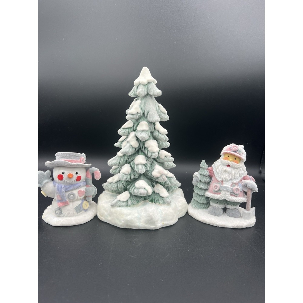 🎄Vintage Papel Giftware Flocked Fuzzy Snowman, Santa & Christmas Tree Figurines